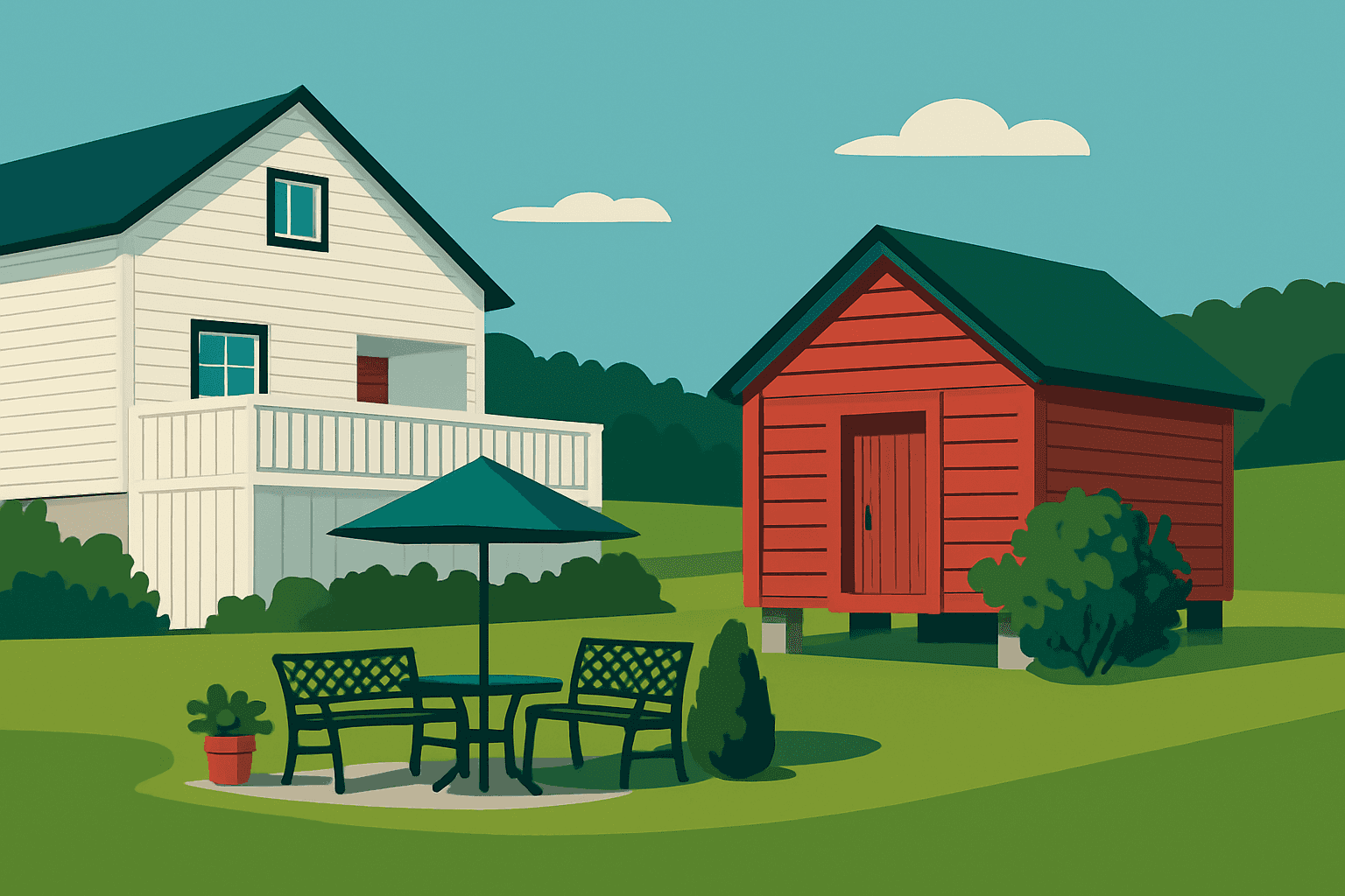 Gardsplass med raud bu og hagemøblar